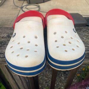 Women’s White, Red, and Blue Crocband Clogs